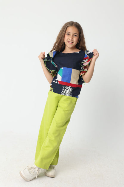 Navy Ruffled Shoulder Blouse