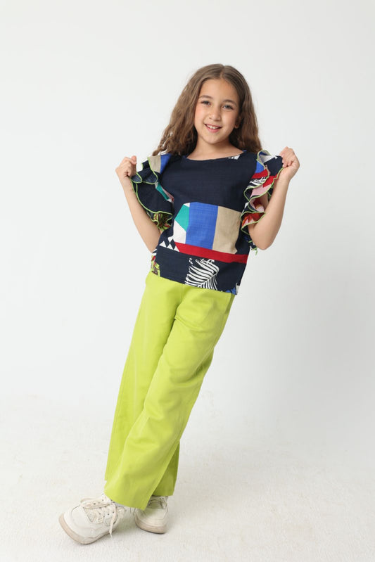 Navy Ruffled Shoulder Blouse
