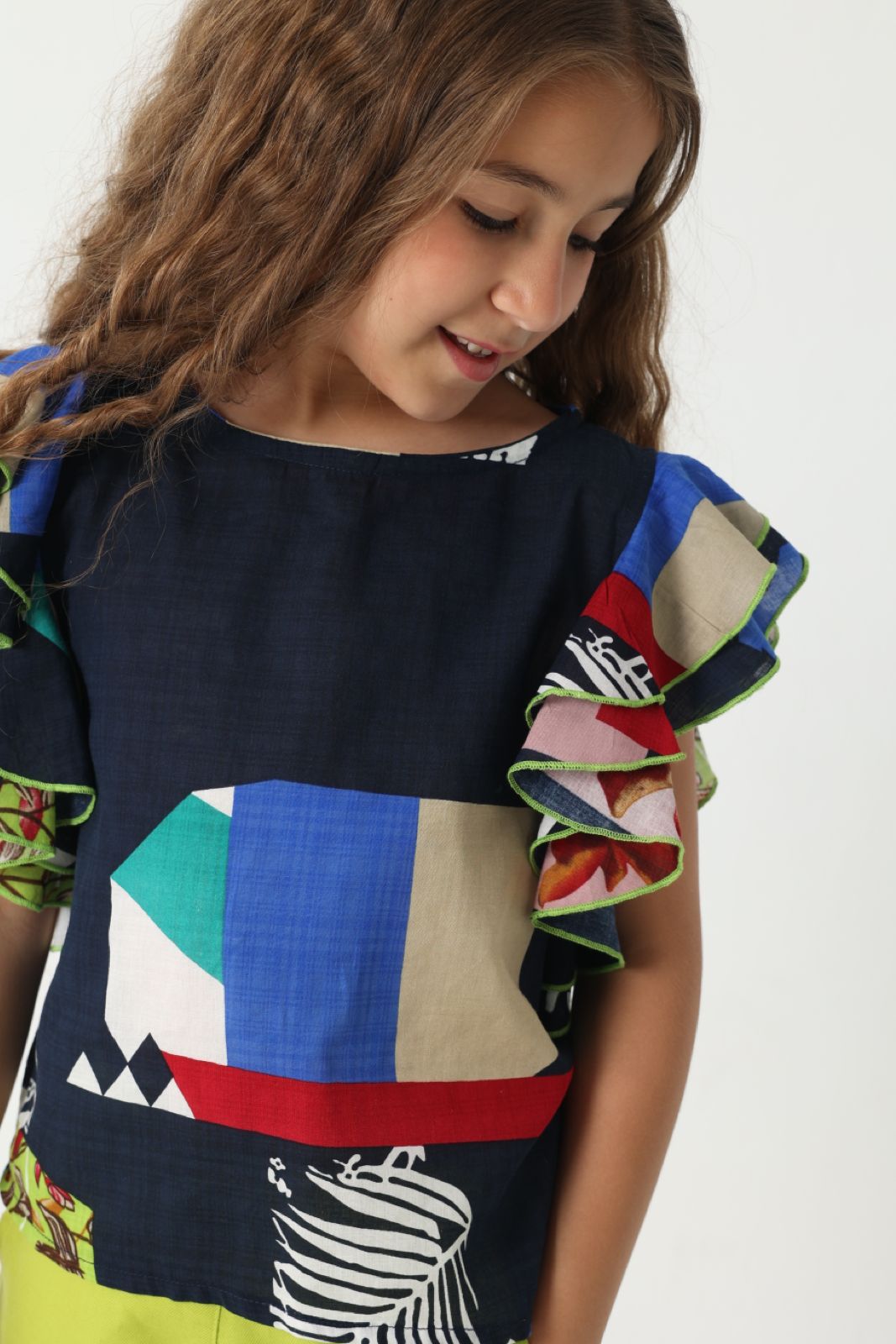 Navy Ruffled Shoulder Blouse